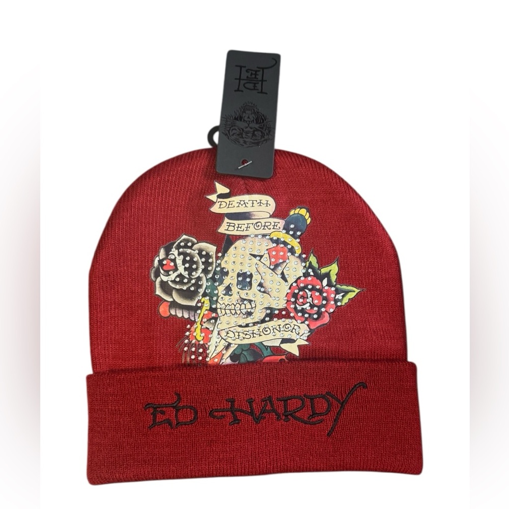 Ed Hardy Red Beanie with Skull and Floral Art